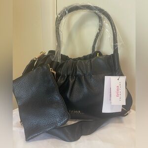 NWT Trina Black Pebbled Leather Shoulder Bag with Removable Pouch